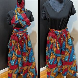Colorful African American History Print Skirt and Scarf Set